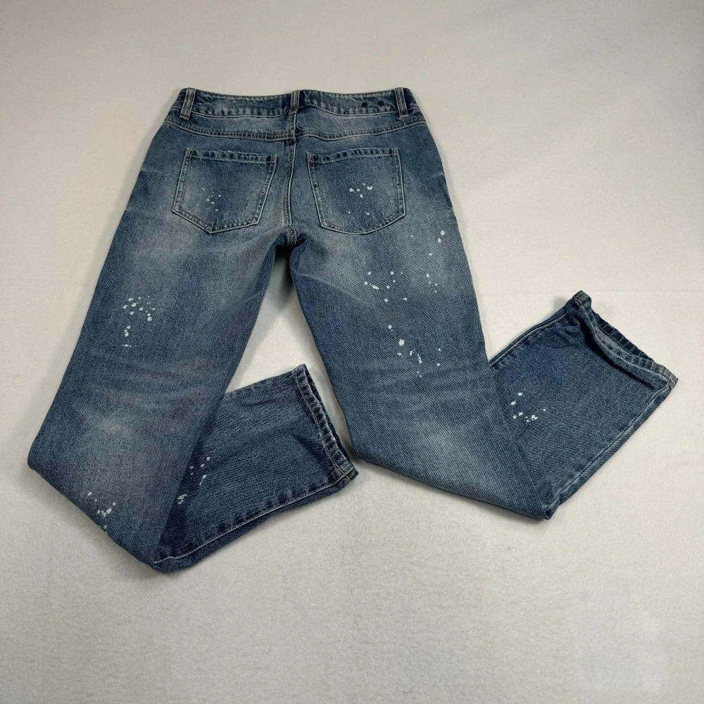 Cabi 100% Bf Straight Leg Jeans Womens Sz 2 Medium Blue Mid Rise Paint Splatter - Picture 3 of 13